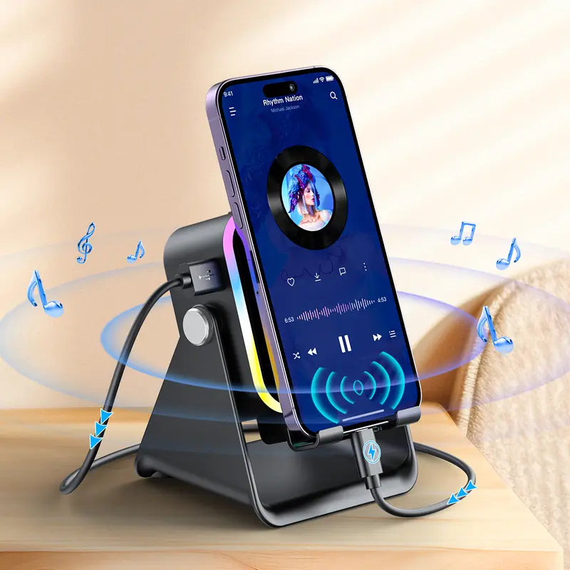 PUTARE 5-in-1 Wireless Induction Speaker & Phone Stand, 3500mAh Rechargeable Power Bank, 360° Adjustable Phone & Tablet Holder with Colorful Ambient Light, Gifts for Men & Women