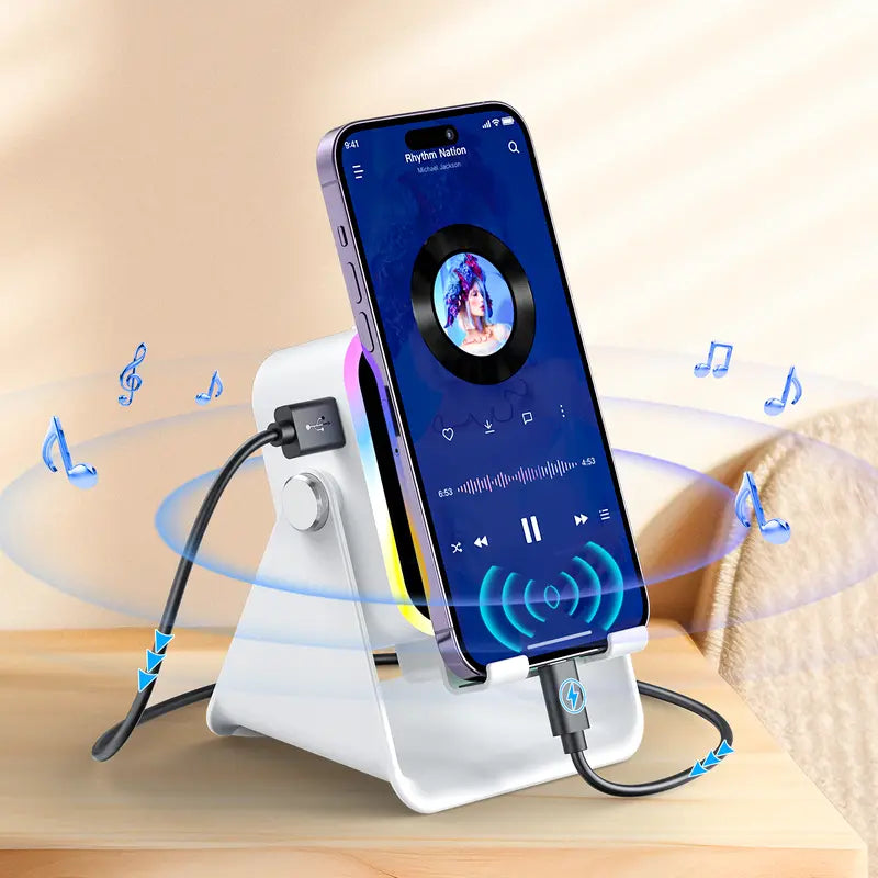 PUTARE 5-in-1 Wireless Induction Speaker & Phone Stand, 3500mAh Rechargeable Power Bank, 360° Adjustable Phone & Tablet Holder with Colorful Ambient Light, Gifts for Men & Women