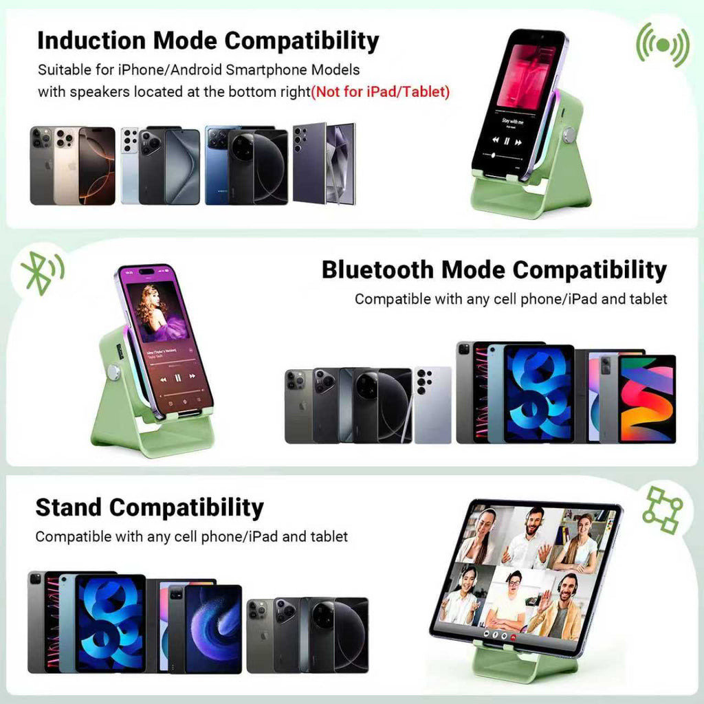 PUTARE 5-in-1 Wireless Induction Speaker & Phone Stand, 3500mAh Rechargeable Power Bank, 360° Adjustable Phone & Tablet Holder with Colorful Ambient Light, Gifts for Men & Women