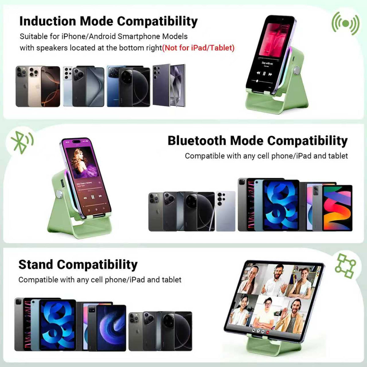 PUTARE 5-in-1 Wireless Induction Speaker & Phone Stand, 3500mAh Rechargeable Power Bank, 360° Adjustable Phone & Tablet Holder with Colorful Ambient Light, Gifts for Men & Women