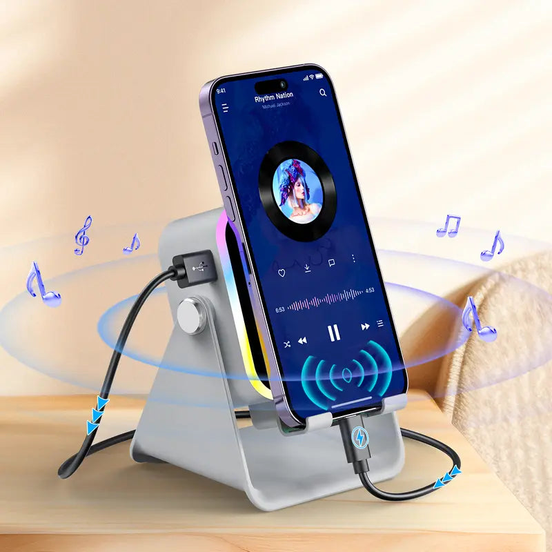 PUTARE 5-in-1 Wireless Induction Speaker & Phone Stand, 3500mAh Rechargeable Power Bank, 360° Adjustable Phone & Tablet Holder with Colorful Ambient Light, Gifts for Men & Women