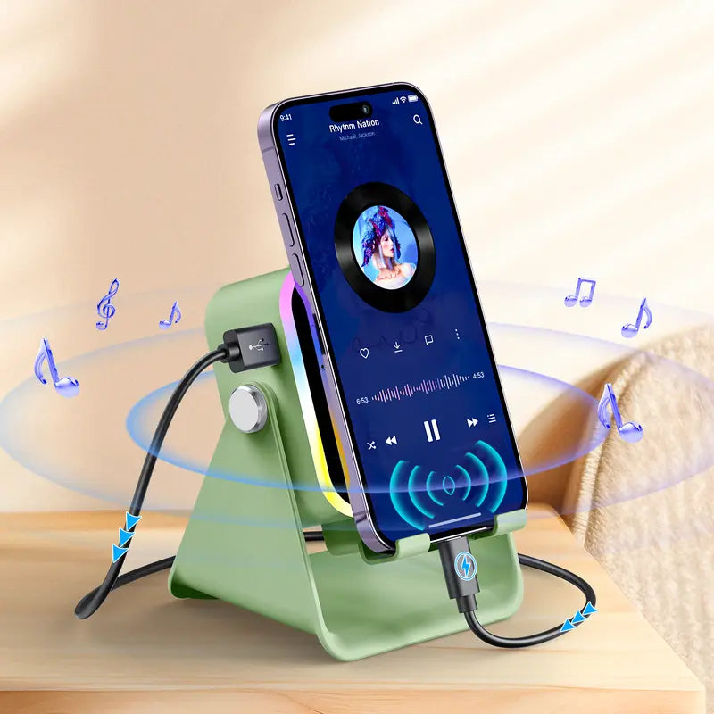 PUTARE 5-in-1 Wireless Induction Speaker & Phone Stand, 3500mAh Rechargeable Power Bank, 360° Adjustable Phone & Tablet Holder with Colorful Ambient Light, Gifts for Men & Women
