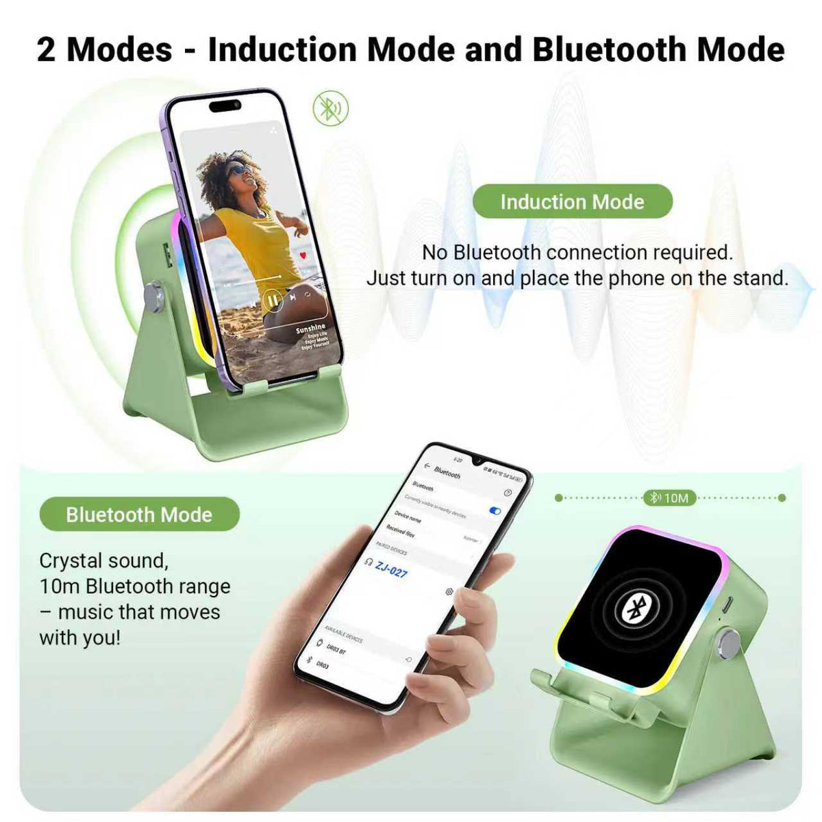 PUTARE 5-in-1 Wireless Induction Speaker & Phone Stand, 3500mAh Rechargeable Power Bank, 360° Adjustable Phone & Tablet Holder with Colorful Ambient Light, Gifts for Men & Women