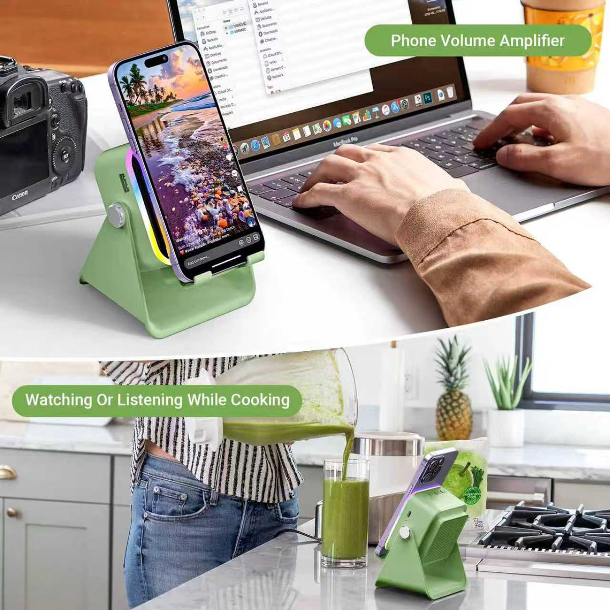 PUTARE 5-in-1 Wireless Induction Speaker & Phone Stand, 3500mAh Rechargeable Power Bank, 360° Adjustable Phone & Tablet Holder with Colorful Ambient Light, Gifts for Men & Women