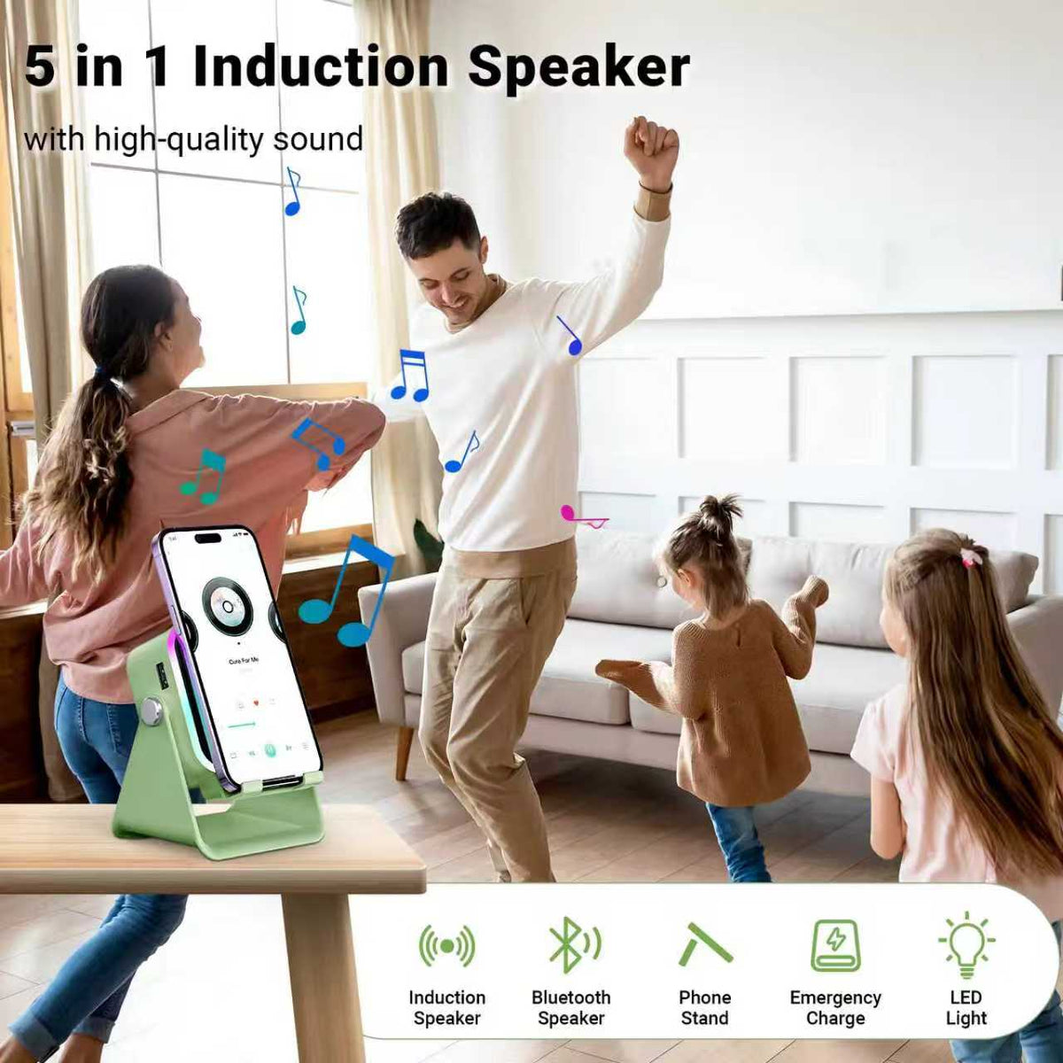 PUTARE 5-in-1 Wireless Induction Speaker & Phone Stand, 3500mAh Rechargeable Power Bank, 360° Adjustable Phone & Tablet Holder with Colorful Ambient Light, Gifts for Men & Women