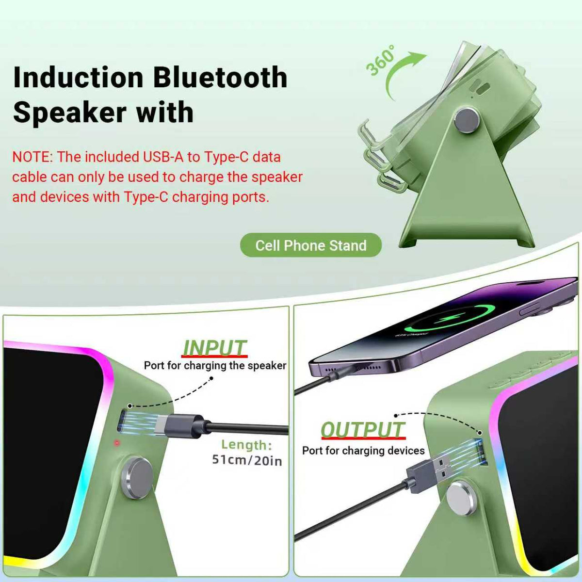 PUTARE 5-in-1 Wireless Induction Speaker & Phone Stand, 3500mAh Rechargeable Power Bank, 360° Adjustable Phone & Tablet Holder with Colorful Ambient Light, Gifts for Men & Women