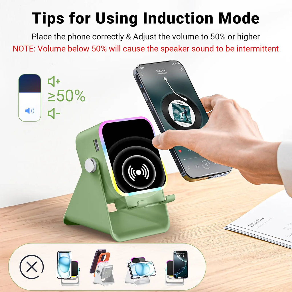 PUTARE 5-in-1 Wireless Induction Speaker & Phone Stand, 3500mAh Rechargeable Power Bank, 360° Adjustable Phone & Tablet Holder with Colorful Ambient Light, Gifts for Men & Women